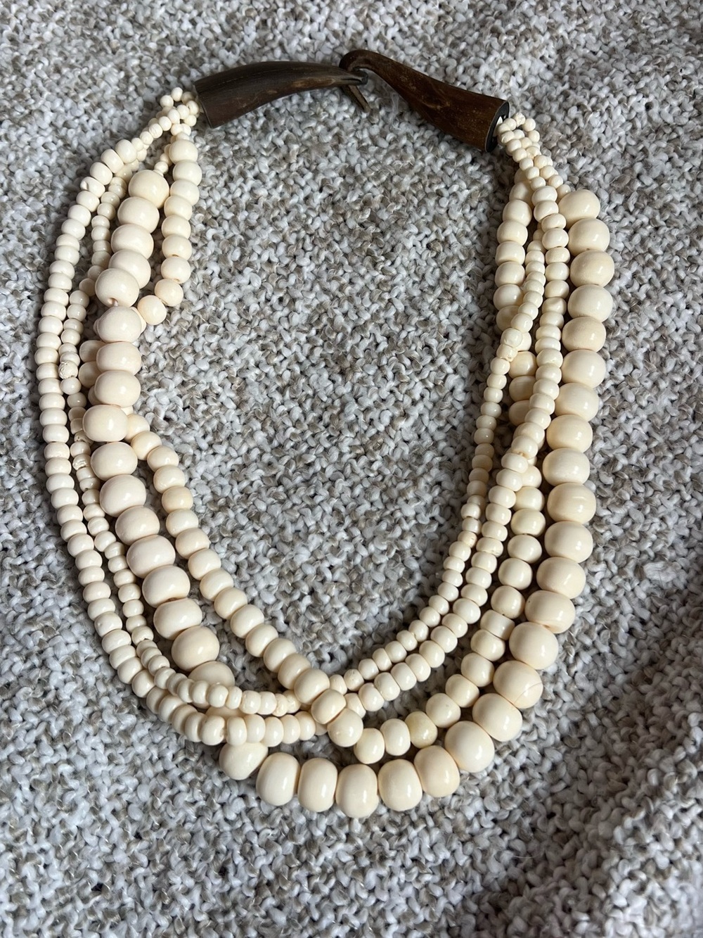 Vintage Carved Bone Bead Necklace large horn hook clasp